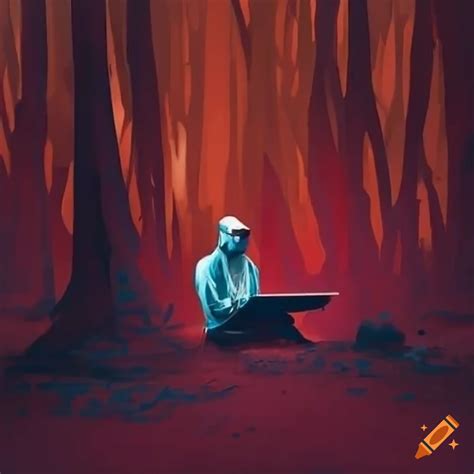 Developer Coding In A Colorful Forest With A Paint Brush On The Ground