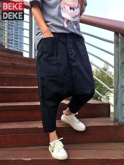 Hip Hop Casual Harem Pants Men Streetwear Button Fly Ripped Drop Crotch