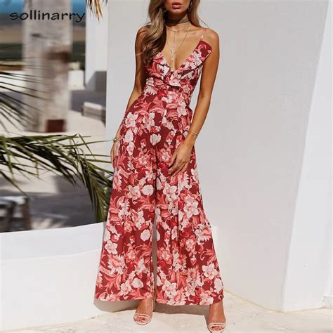 Sollinarry Ruffles Sexy V Neck Floral Print Beach Boho Jumpsuits Ladies