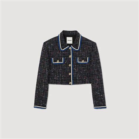 Sandro Short Tweed Jacket In Blanc Blue Endource