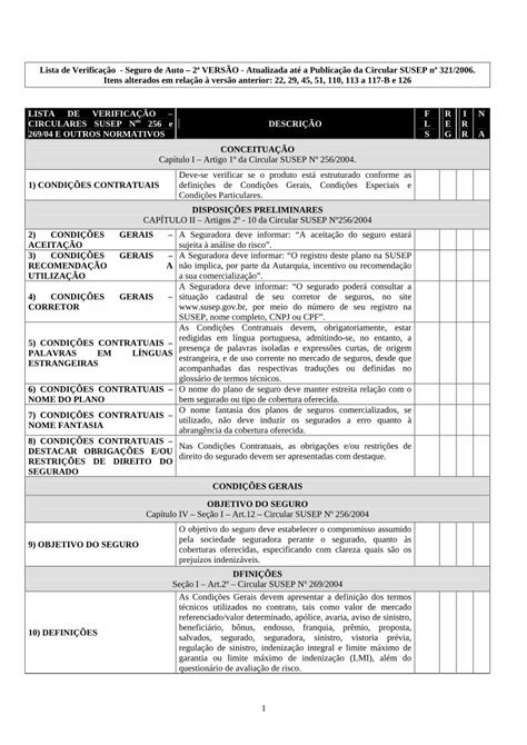 PDF LISTA DE VERIFICAÇÃO CIRCULARES SUSEP N os 1 Lista de