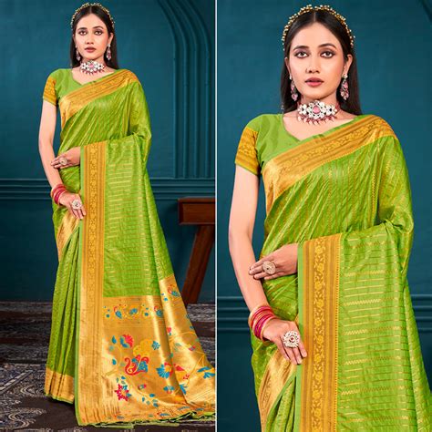 Parrot Green Woven Paithani Raw Silk Saree With Tassels