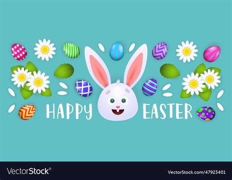 Happy Easter Lettering With Rabbit Flowers Vector Image