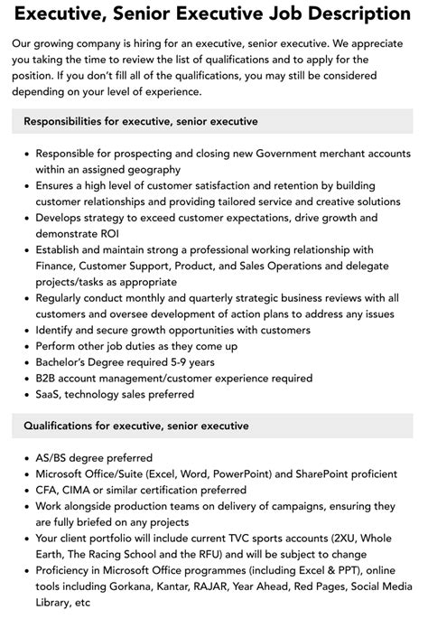 Executive Senior Executive Job Description Velvet Jobs