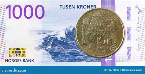 10 Norwegian Coin Against New 1000 Norwegian Krone Bank Note Obverse