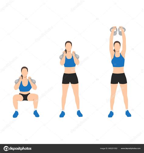 Woman Doing Kettlebell Thruster Squat Clean Overhead Press Exercise Flat Stock Vector By