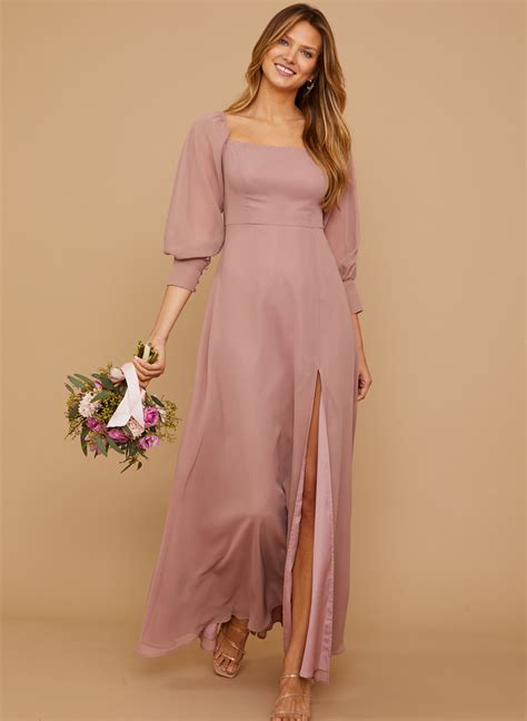 Long Sleeves Square Neckline Chiffon Bridesmaid Dresses With A Line