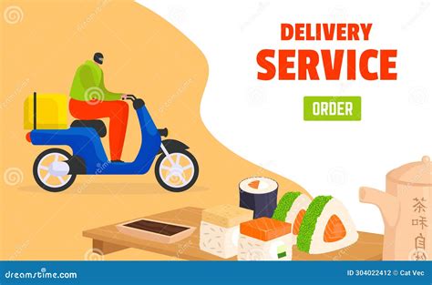 Delivery Man Riding Blue Scooter With Yellow Box Sushi And Teapot