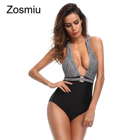 Zosmiu 2018 Sexy Deep V One Piece Swimsuits Women Lace Patchwork