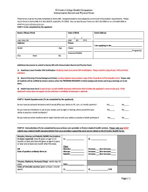 Fillable Online El Centro College Health Occupations Immunization