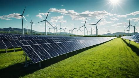 Paneles solares y turbinas eólicas en un campo Foto Premium