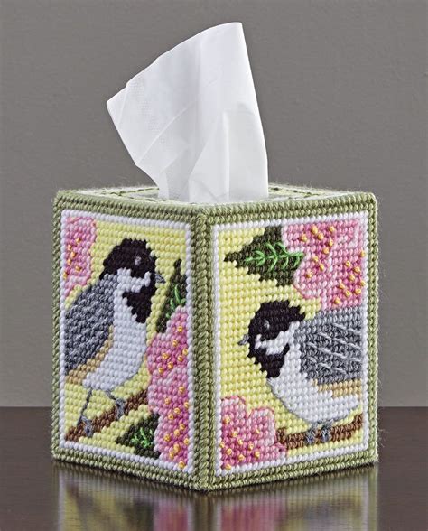 Mary Maxim Chickadee And Apple Blossom Plastic Canvas Tissue Box Cover Kit Crafts