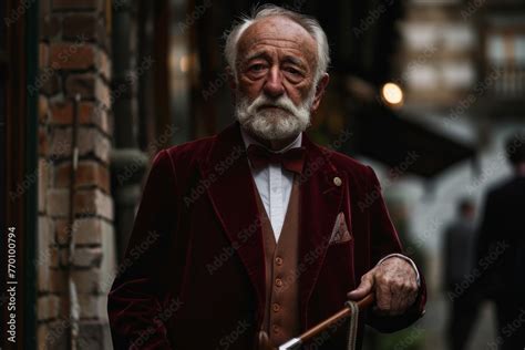 Elderly Man Exhibits Solemnity Holding A Cane In A Red Velvet Coat And