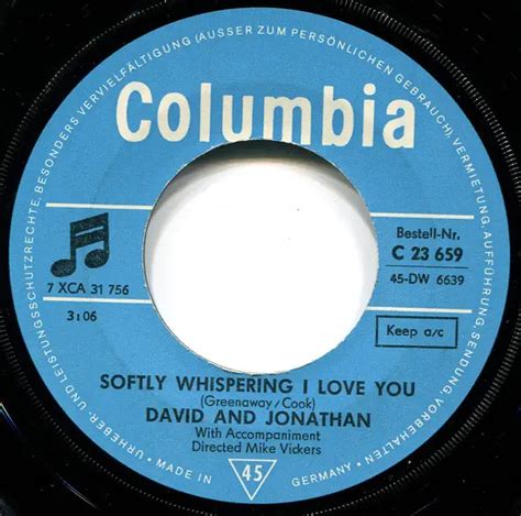 Softly Whispering I Love You De David And Jonathan 45t X 1 Chez