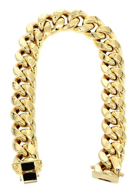 Hollow Mens Miami Cuban Link Bracelet 10k Yellow Gold Frostnyc