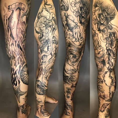 Three Different Views Of The Legs And Arms Of A Man With Tattoos On