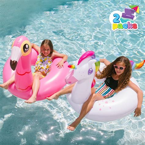 Syncfun 2 Packs Flamingo Unicorn Pool Floaties Inflatable Swim Tubes Summer Party Toys For