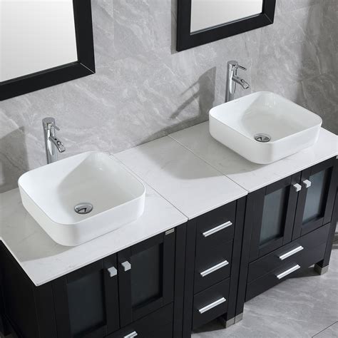 Wonline Modern 60 Black Wood Bathroom Vanity W Double White Ceramic Sinks And Mirror