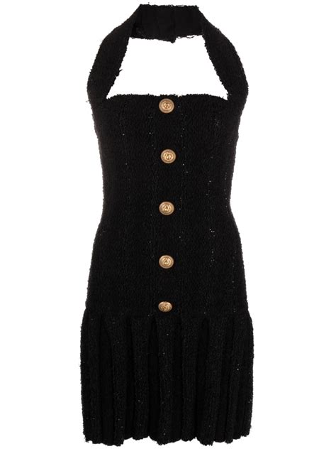 Balmain Tweed Halterneck Mini Dress Black Farfetch Uk