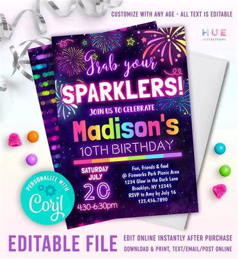 Rainbow Fireworks Birthday Invitation Editable Template | Etsy