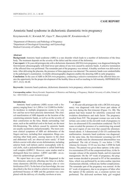 Pdf Amniotic Band Syndrome In Dichorionic Diamniotic Twin Pregnancy