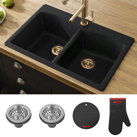 Kraus Forteza 33 Dual Mount 5050 Double Bowl Granite Kitchen Sink In