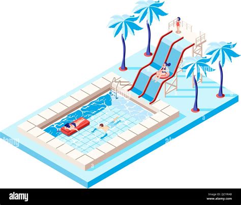 Waterpark Isometric Concept With Water Slides And Swimming Pool Vector