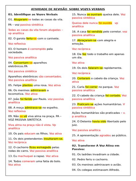 Questões De Vozes Verbais - Exercícios Discursivos de Vozes Verbais | PDF