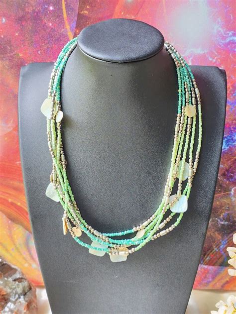 Boho Multi Strand Teal Green Blue Beaded Necklace With Shell Choker