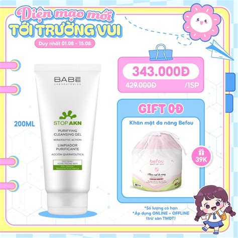 Gel Rửa Mặt Cho Da Dầu Mụn Laboratorios Babe Stop Akn Purifying Cleans Lam Thảo Cosmetics