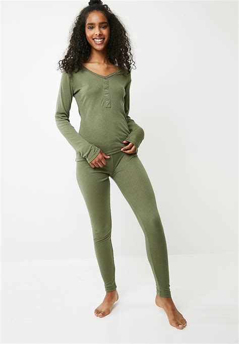 Long Sleeve Ribbed Pyjama Set Green Missguided Sleepwear