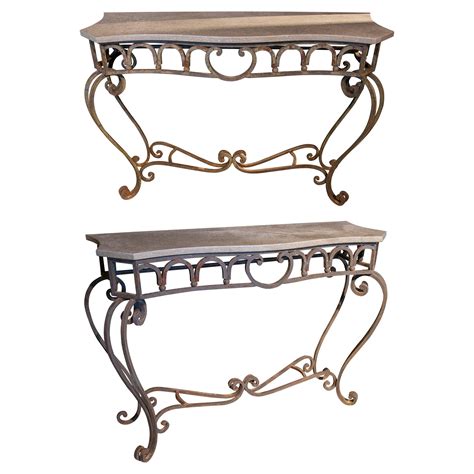 Early 20th Century Wrought Iron And Brass Console Table With Stone Top