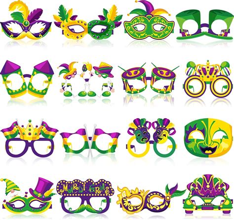 Threan 32 Pcs Mardi Gras Paper Eyeglasses Party Decor Garland Crown Mask Costume Photo Booth For