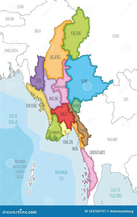 Vector Illustrated Map Of Myanmar With Regions States And