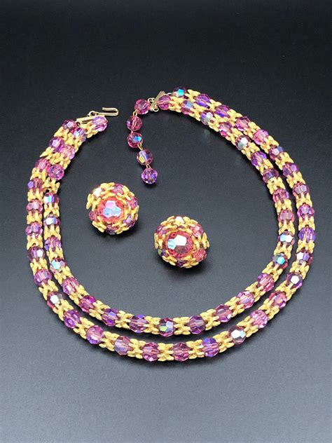 Vintage Vogue Pink And Gold Tone Two Strand Necklace And Matching