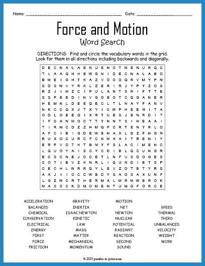 Free Printable Force And Motion Word Search