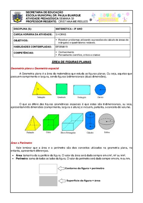 Atividade Area De Figuras Planas - Atividade de Matemática: Área de Figuras Planas - 8º Ano - Studocu