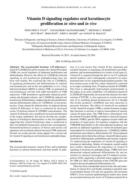 Pdf Vitamin D Signaling Regulates Oral Keratinocyte Proliferation In