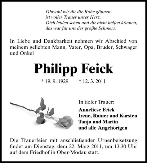 Traueranzeigen Von Philipp Feick Vrm Trauer De