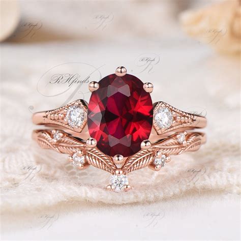 Ruby Wedding Ring Set 2pcs Bridal Set Unique Wedding Ring July Ruby