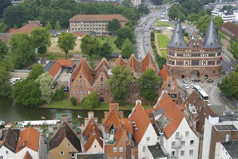 Aerial View To The Old City And Holstentor City Gate In Lubeck Germany