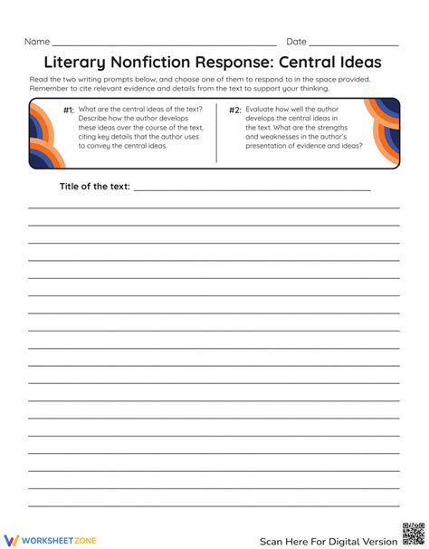 Literary Nonfiction Response Prompt Central Ideas Worksheet