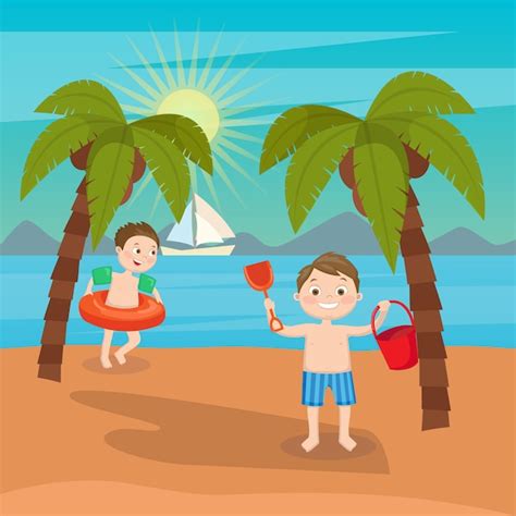 Enfants Mer Vacances Garçons Jouant Sur La Plage Illustration