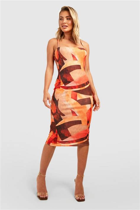 Abstract Ribbed Square Neck Bodycon Dress Boohoo Uk