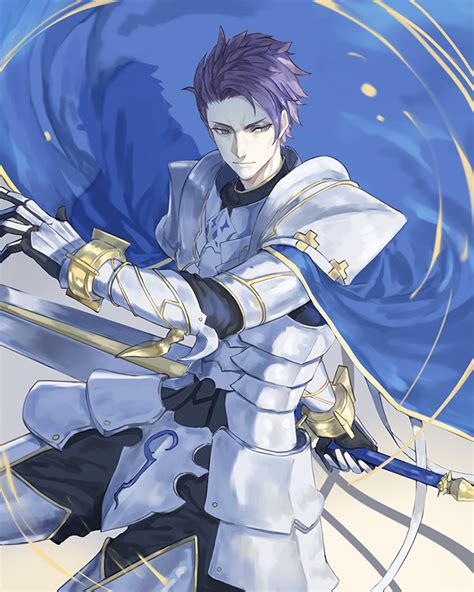 1boy armor arondight blue_cape cape fate/grand_order fate_(series) holding holding_sword holding ...