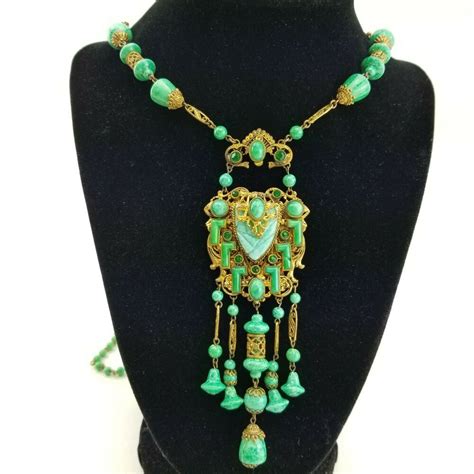 Vtg Neiger Necklace Peking Glass Green Bead Brass Filigree Czech Art Deco 063 Neiger