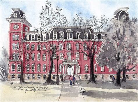 A Drawing Of A Red Building With Trees In Front