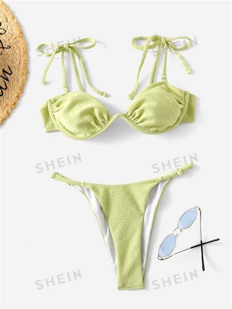 SHEIN Swim Mod Plain Tie Shoulder Underwire Bikini Swimsuit SHEIN USA