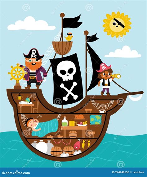 Vector Pirate Ship Scene. Raider Vessel Interior With Pirates, Cargo ...