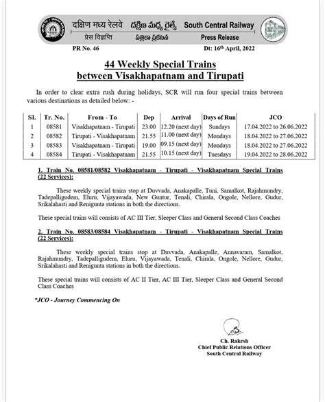 South Central Railway On Twitter 44 Weekly Special Trains Between